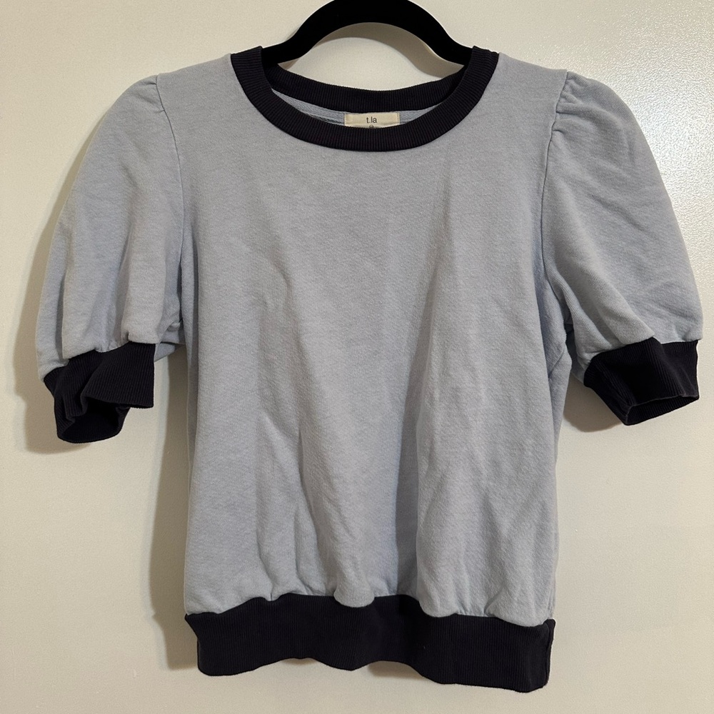 GUC T. la Puff Sleeve Contrast Hem Cotton Crewneck Sweater Blouse